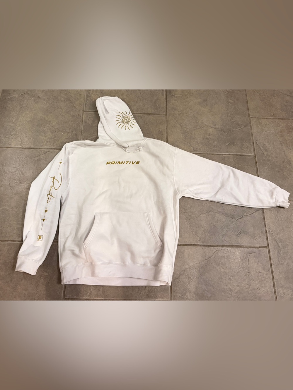 Primitive White Crewneck Hoodie with Gold Graphics